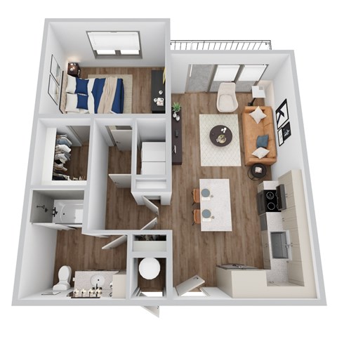 A 3D rendering of A3 floor plan at Era apartments in Denton, TX